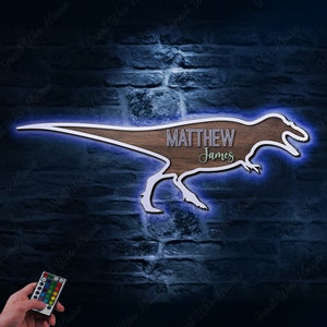 Personalizado dinosaurio madera vivero nombre luces LED signo personalizado Albertosaurus Animal Safari T Rex madera pared habitación decoración bebé ducha niño regalo