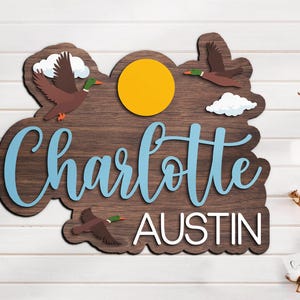 Custom Duck 3D Wood Nursery Name Sign Personalized Hunting Dog Funny Name Wooden Above Crib Decor Baby Shower Girl Kid Room Gift