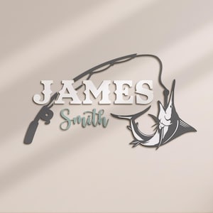 Personalized Marlin Fishing Fish Pole Wooden Nursery Name Sign Custom Fisher Name Wall Decor Decoration Baby Shower Unique Boy Kid Room Gift