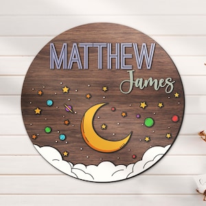Custom Moon & Star3D Wood Nursery Name Sign Personalized Space Wooden Above Crib Decor Baby Shower Boy Girl Birthday Gift
