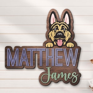 Letrero de madera 3D personalizado con nombre de perro pastor alemán para guardería, decoración de pared para cuna, regalo de cumpleaños para niño y niña