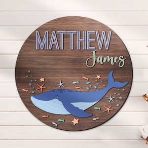 Custom Whale Kid 3D Wood Nursery Name Sign Personalized Beach Funny Large Wooden Above Crib Decor Baby Shower Boy Girl Birthday Gift