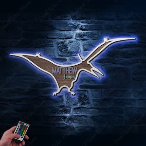 Personalizado dinosaurio madera vivero nombre luces LED signo personalizado Pteranodon Animal Safari T Rex madera pared habitación decoración bebé ducha niño regalo
