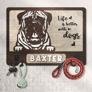 Custom Wooden Leash Holder For Wall Personalized Bullmastiff Dog Paw Print Key Holder Mudroom Leash Hanger Engagement Gift Dog Decor