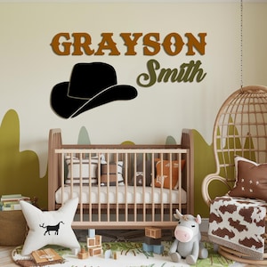 Custom Cute Cowboy Hat Wood Nursery Name Sign Personalized Wooden Western Crib Wall Decor Baby Shower Boy Birthday Gifts Longhorn Theme