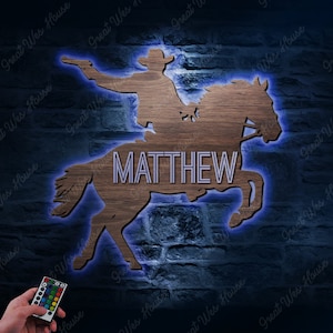 Personalizado lindo vaquero montando caballo madera vivero nombre luces LED signo personalizado occidental pared de madera decoración de la habitación Baby Shower niño regalo