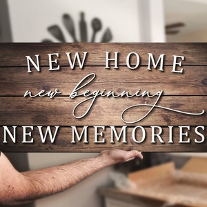 New Home New Beginning Family Last Name Wood Farmhouse Signs Engagement Anniversary Gift Home Decor New Home Owner Living Room