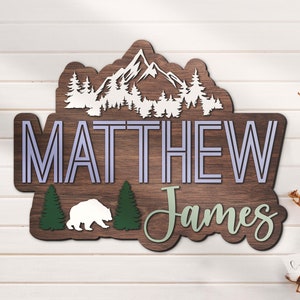 Targa personalizzata con nome Bear Kid Woodland Nursery, grande decorazione da parete in legno con animali selvatici, regalo di compleanno per baby shower, bambino e bambina.