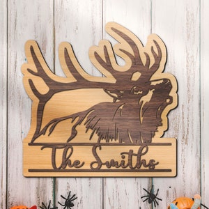 Custom ELK Deer Hunting 3D Wood Name Sign Personalized Buck Head Hunter Wooden Decor Antler Cabin Name Decoration Housewarming Xmas Birthday