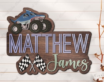 Custom  Monster Truck Wood Nursery Name Sign Personalized Truck Driver Racing Checkered Flag Wall Decor Baby Shower Boy Girl Birthday Gift