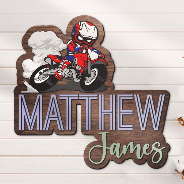 Custom Cute Motocross Biker Wood Nursery Name Sign Personalized Wooden Dirtbike Dirt Bike Crib Room Decor Baby Shower Boy Girl Birthday Gift