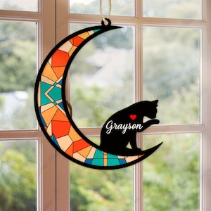 Custom Handmade Cat Decor, Pet Memorial Suncatcher, Loss Of Cat Sympathy Gift, Engraved Lovers, Cat Memorial Gifts, Moon Animal Decoration