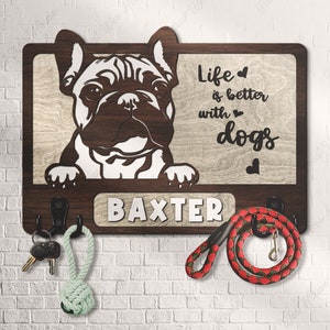 Custom Wooden Leash Holder For Wall Personalized French Bulldog Paw Print Key Holder Mudroom Leash Hanger Engagement Gift Dog Wall Decor