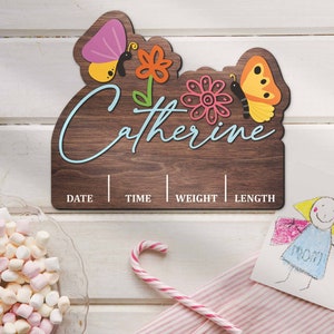 Baby Girl Name Sign With Butterfly Wooden Name Sign, Custom Birth Hospital Sign, Wooden Birth Announcement Welcome for Newborn Girl Boy