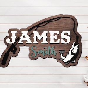 Custom Bass Fishing Fish Pole Wood Nursery Name Sign Personalized Fisher Name Wooden Door Sign Decor Baby Shower Boy Girl Birthday Gift