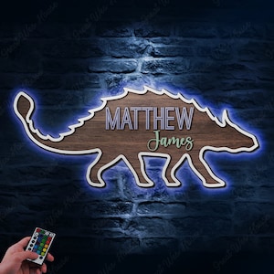 Personalizado dinosaurio madera vivero nombre luces LED signo personalizado Ankylosaurus Animal Safari T Rex madera pared habitación decoración bebé ducha niño regalo
