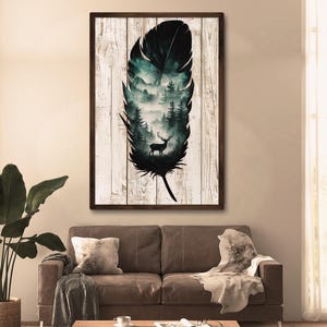 Arte de pared grande de madera multicapa con diseño de bosque, vida salvaje, 3D, capas de madera, acrílico, plumas, pino, ciervo, escena rústica, vintage, decoración nativa para el hogar