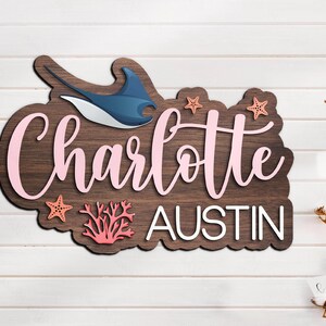 Custom Manta Rays 3D Wood Nursery Name Sign Personalized Ocean Beach Funny Name Wooden Above Crib Decor Baby Shower Girl Kid Room Gift