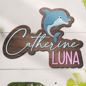 Placa de madeira personalizada para berçário com nome de golfinho, decoração de parede de madeira engraçada para praia, decoração de quarto de criança, chá de bebê, presente de aniversário para meninas