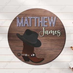 Custom Cute Cowboy Boost & Hat Wood Nursery Name Sign Personalized Wooden Western Crib Wall Decor Baby Shower Boy Girl Birthday Gift