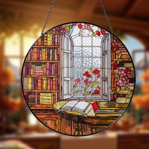 Book Lover Library Stained Glass Suncatcher Window Hanging Decor Librarian and Teacher Gift Bookshelf Ornament SunCatcher Bookish Decor
