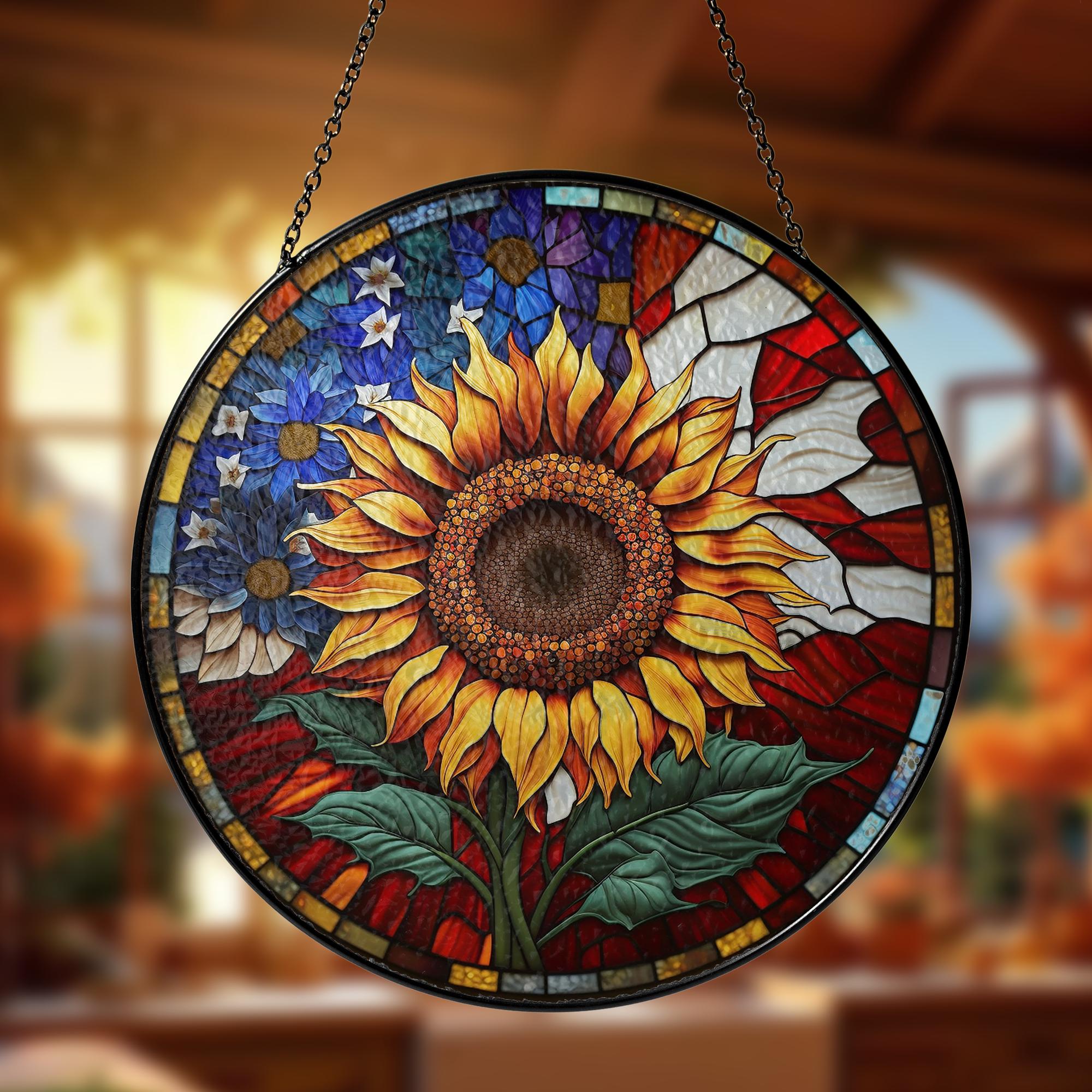 ひまわり 米国旗 7月4日 ステンドグラス サンキャッチャー 窓吊り飾り