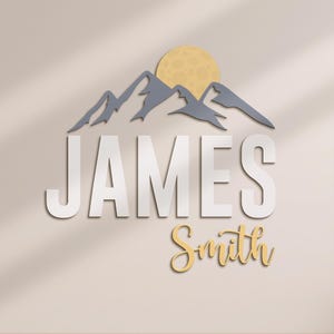 Prénom personnalisé en bois lune et montagne pour chambre de bébé