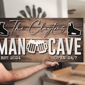 Personalizado hombre cueva madera nombre signo personalizado hockey sobre hielo pub bar cabaña de madera habitación rústica decoración del hogar sótano bar regalo de Navidad