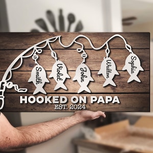 Custom Hook On Papa Dad Kid Name Wood Sign Personalized Fisher Father Day Papa Grandpa Fishing Gift Farmhoouse Home Wooden Fisherman Family