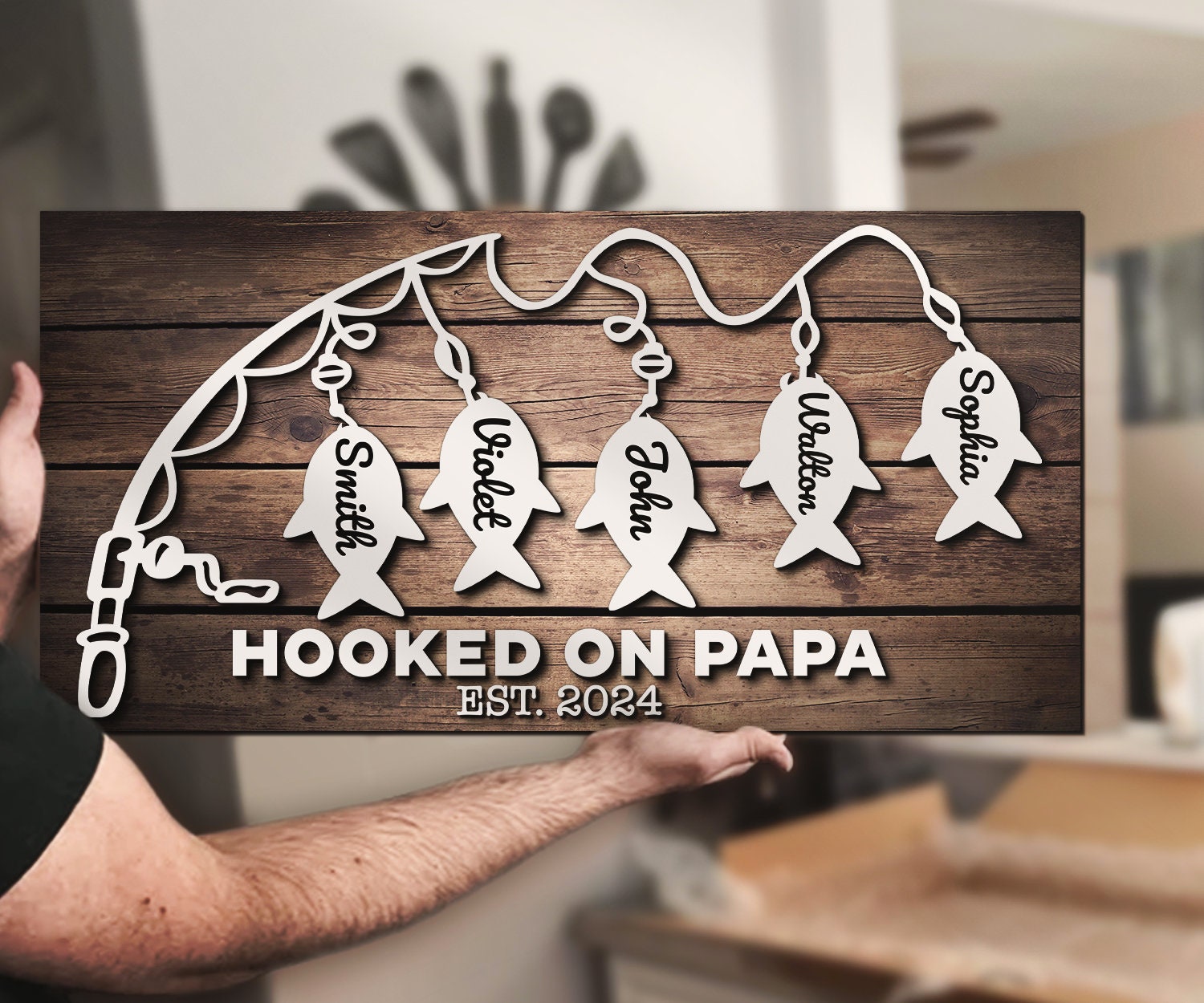 Custom Hook On Papa Dad Kid Name Wood Sign Personalized Fisher Father Day Papa Grandpa Fishing Gift Farmhoouse Home Wooden Fisherman Family