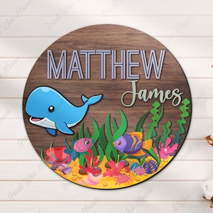 Custom Under The Sea Animal Wood Nursery Name Sign Personalized Whale Wooden Above Crib Decor Navy Sign Baby Shower Boy Girl Birthday