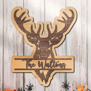 Custom ELK Deer Hunting 3D Wood Name Sign Personalized Buck Head Hunter Wooden Decor Antler Cabin Name Decoration Housewarming Xmas Birthday