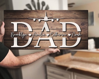 Custom Airplane Dad Kid Name Wood Sign Personalized Woodence Rustic Father Day Papa Decor Gift Pilot Acraft Hangar Home Decoration Best Ever