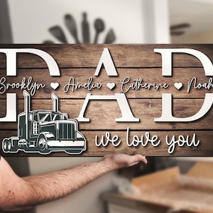 Custom Truck Driver Dad Kids Name Wood Sign Personalized Woodence Father Day Papa Grandpa Trucker Gift Farmhoouse Home Wooden Wall Decor