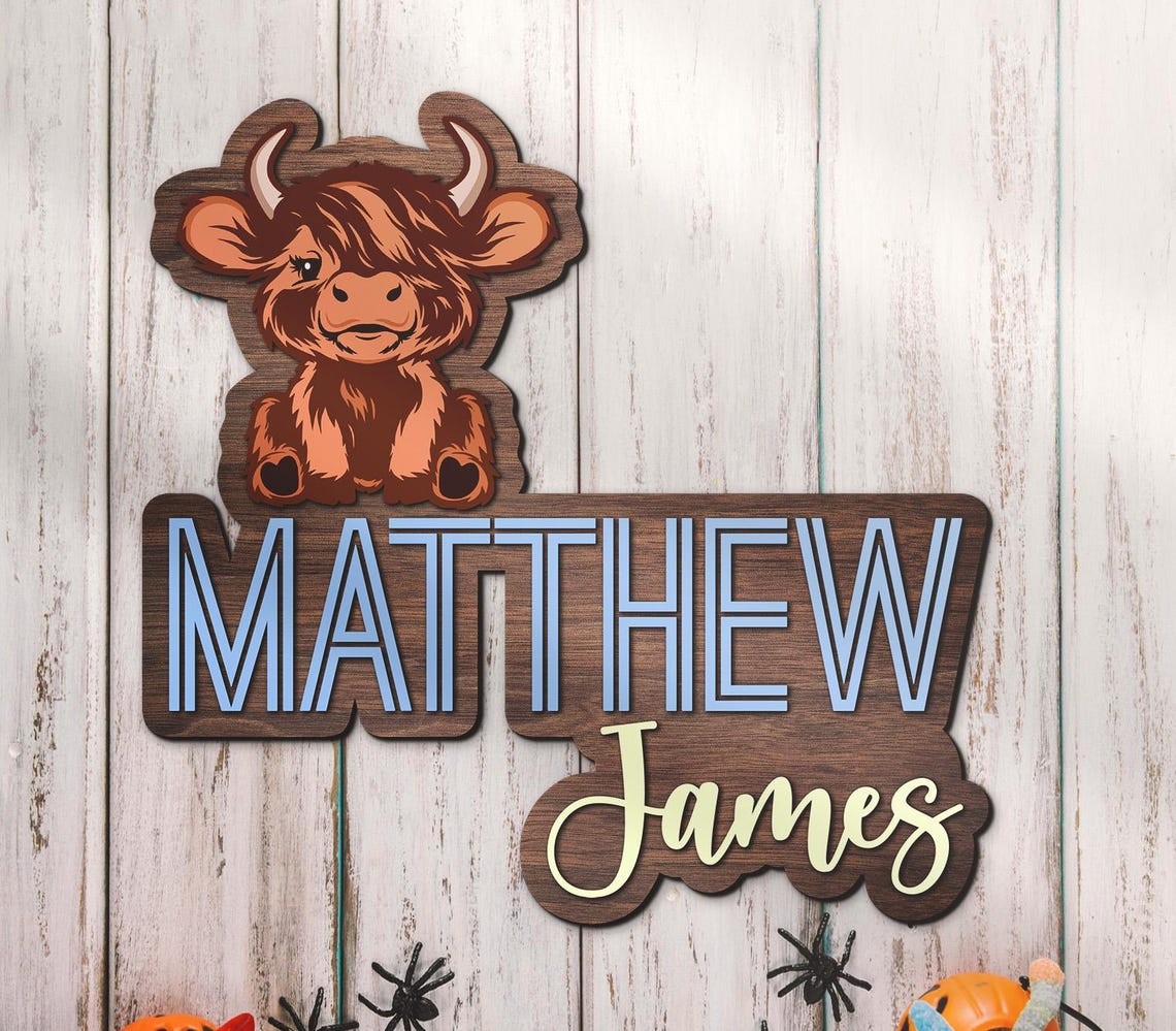 Custom Highland Cow Animal Wood Nursery Name Sign Personalized Bison ...