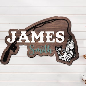 Custom Striped Bass Fish Pole Wood Nursery Name Sign Personalized Fisher Name Wooden Door Sign Decor Baby Shower Boy Girl Birthday Gift