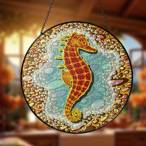 Stained Glass Seahorse Suncatcher Beach Light Catcher Window Hangings Decoration House Gift For Mom Ornament Marine horse Lover Gift
