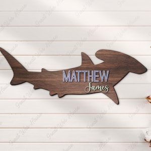Letrero de madera personalizado con nombre de tiburón martillo en 3D para guardería de niños, decoración de pared de madera personalizada para amantes de los tiburones de playa, regalo de cumpleaños para baby shower de niño