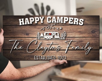 Custom RV Travel Trailer Mountain Campsite Happy Camper Wood 3D Sign Personalized Camping Life Family Name Wooden Home Decor Motorhome Gift