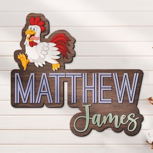 Benutzerdefinierte niedliches Huhn Holz Kinderzimmer Namensschild personalisierte Hahn Holzkrippe Wanddekor Bauernhof Zimmer Kinderzimmer Baby Shower Jungen Mädchen Geburtstagsgeschenk