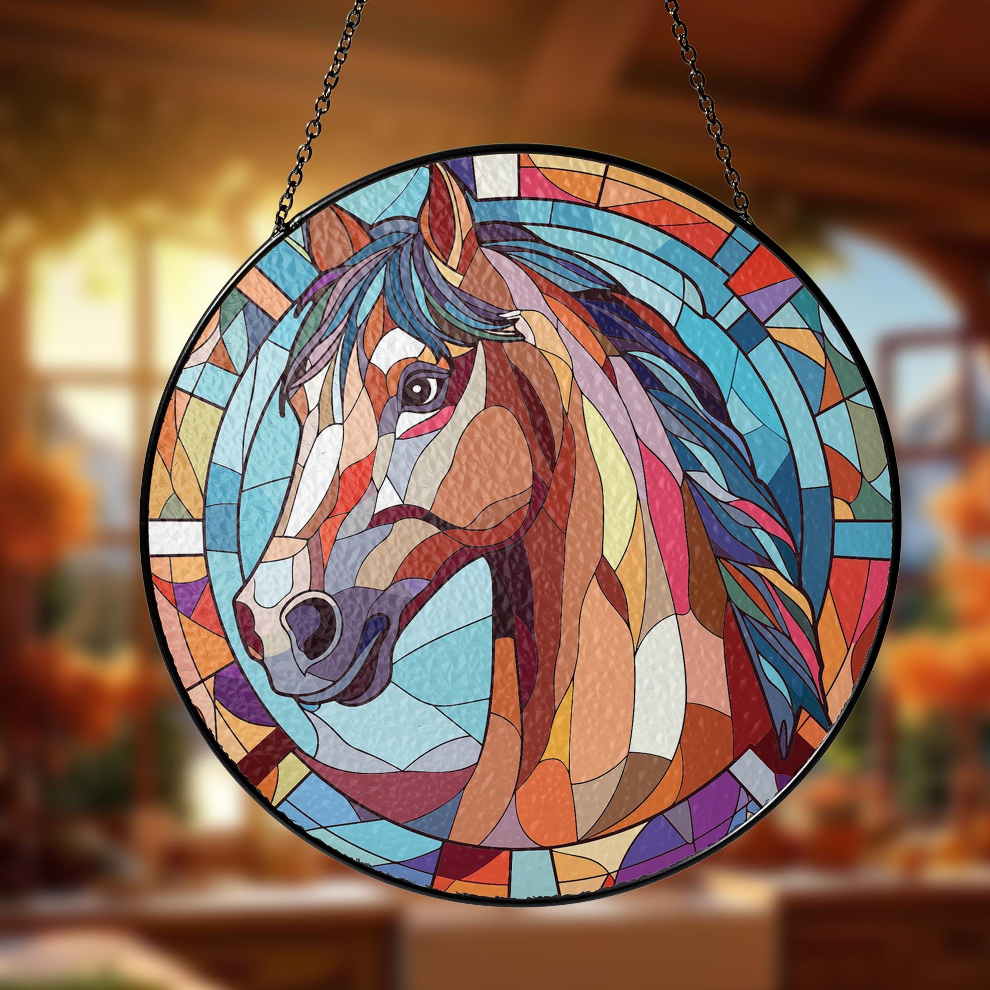 ステンドグラス 馬 装飾 サンキャッチャー 馬 窓装飾 馬牧場愛好家への