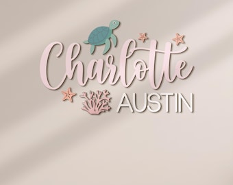 Personalized Cute Sea Turtle Wooden Nursery Name Sign Custom Ocean Beach Funny Wall Decor Decoration Baby Shower Unique Girl Kid Room Gift
