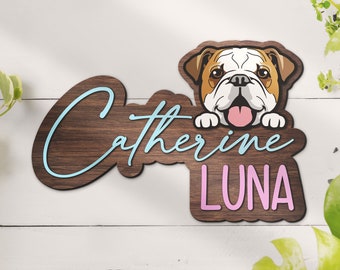 Custom English Bulldog Wood Nursery Name Sign Personalized Wooden British Puppy Above Crib Decor Wall Art Baby Shower Boy Girl Birthday Gift