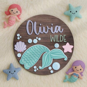 Custom Mermaid Under The Sea Kid 3D Wood Nursery Name Sign Personalized Large Wooden Above Crib Decor Baby Shower Boy Girl Birthday Gift