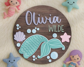 Custom Mermaid Under The Sea Kid 3D Wood Nursery Name Sign Personalized Large Wooden Above Crib Decor Baby Shower Boy Girl Birthday Gift