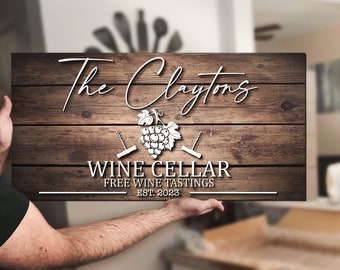 Custom Family Wine Cellar Name Sign Personalized Large Wooden Wine Room Decor Christmas Gift Kitchen Fathers Day, Wine Wall Hanging Bar Sign