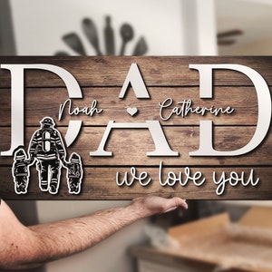 Custom Firefighter Dad Kids Name Wood Sign Personalized Wooden Father Day Gift Papa Grandpa Fireman Fire Department Farmhoouse Home Decor