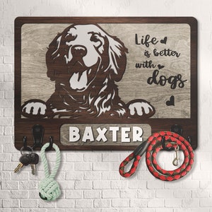 Custom Wooden Leash Holder For Wall Personalized Golden Retriever Paw Print Key Holder Mudroom Leash Hanger Engagement Gift Dog