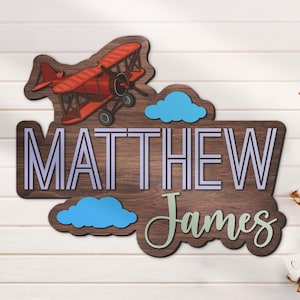 Custom Vintage Airplane Kid Wood Nursery Name Sign Personalized Aircraft Wooden Wall Decor Baby Shower Boy Birthday Gift Kid Room Decor