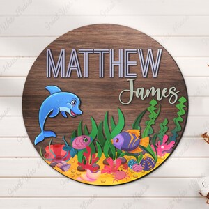 Custom Under The Sea Animal Wood Nursery Name Sign Personalized Dolphin Fish Wooden Above Crib Decor Navy Sign Baby Shower Boy Girl Birthday